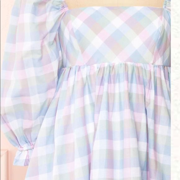 ✨NWT✨STORIA✨PASTEL PLAID PUFF-SLEEVEST BABYDOLL MINI DRESS - Picture 14 of 14
